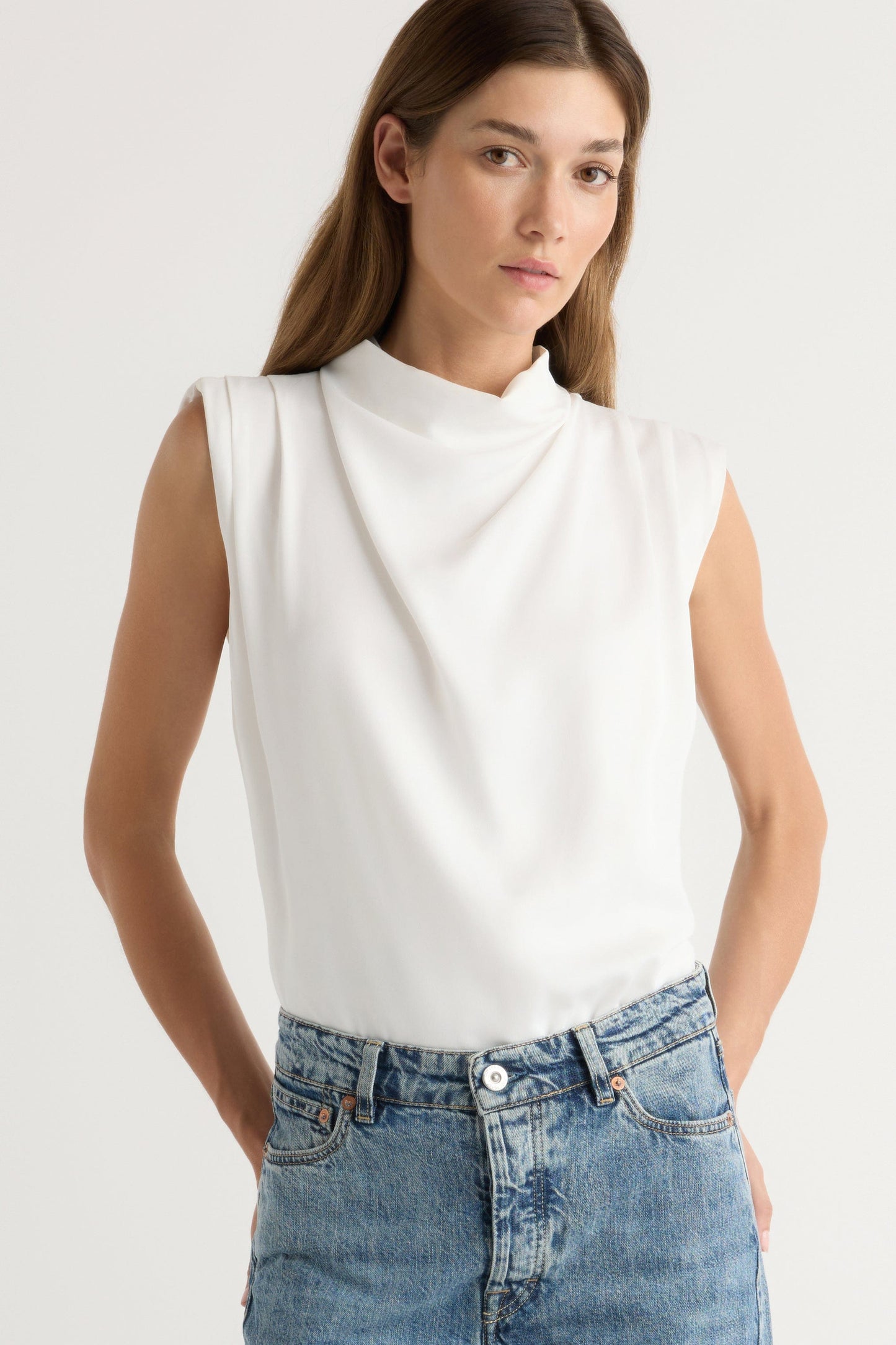 Allegra Gathered-Neck Sleeveless Blouse