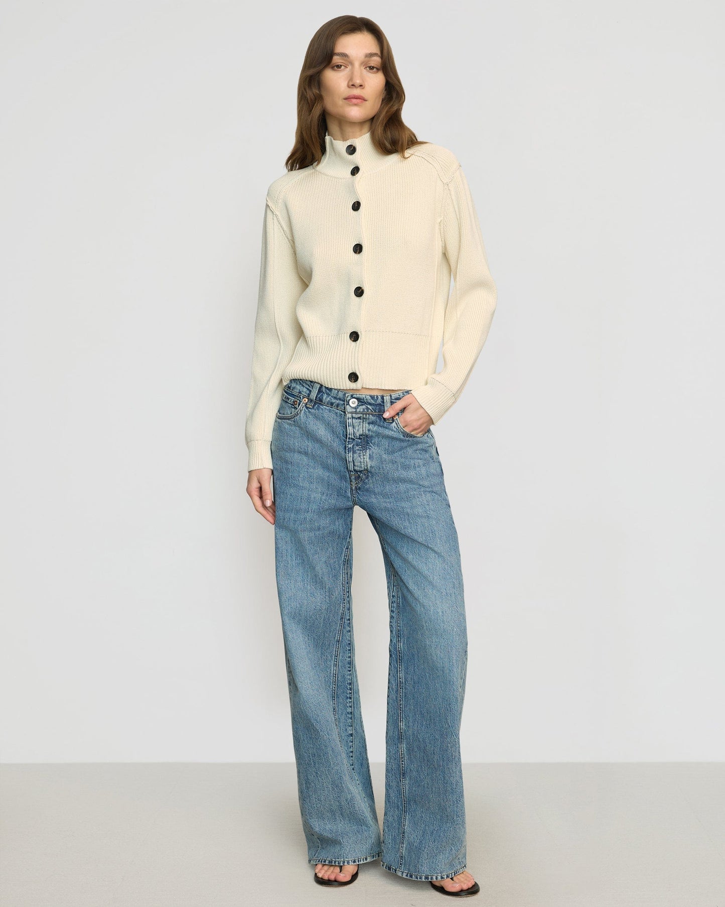 Clove Button Mock-Neck Knit Cardigan