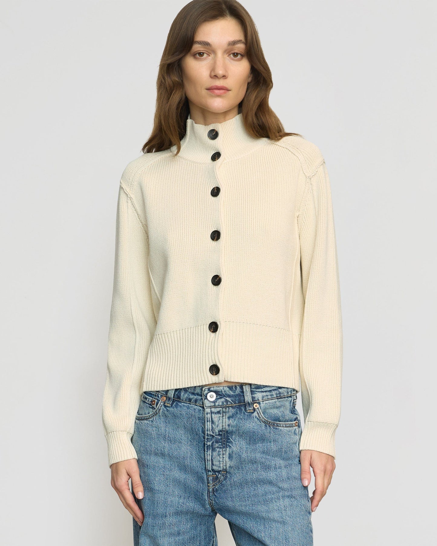 Clove Button Mock-Neck Knit Cardigan