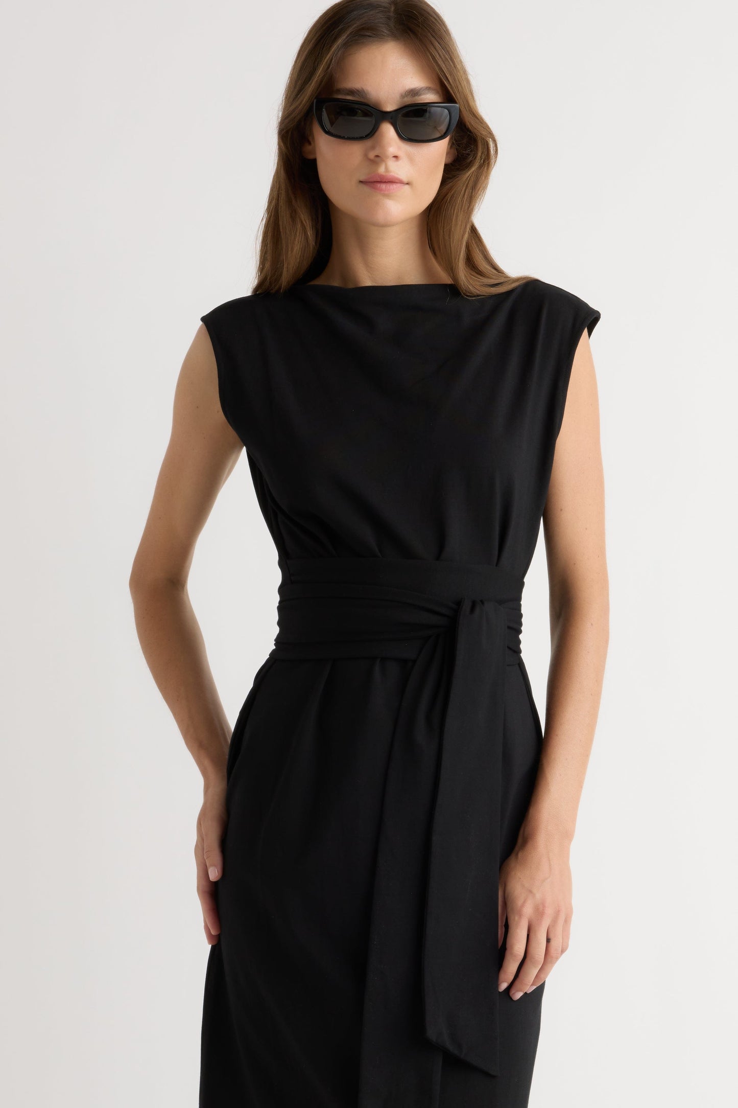 Edina Tie-Front Slit-Neck Dress