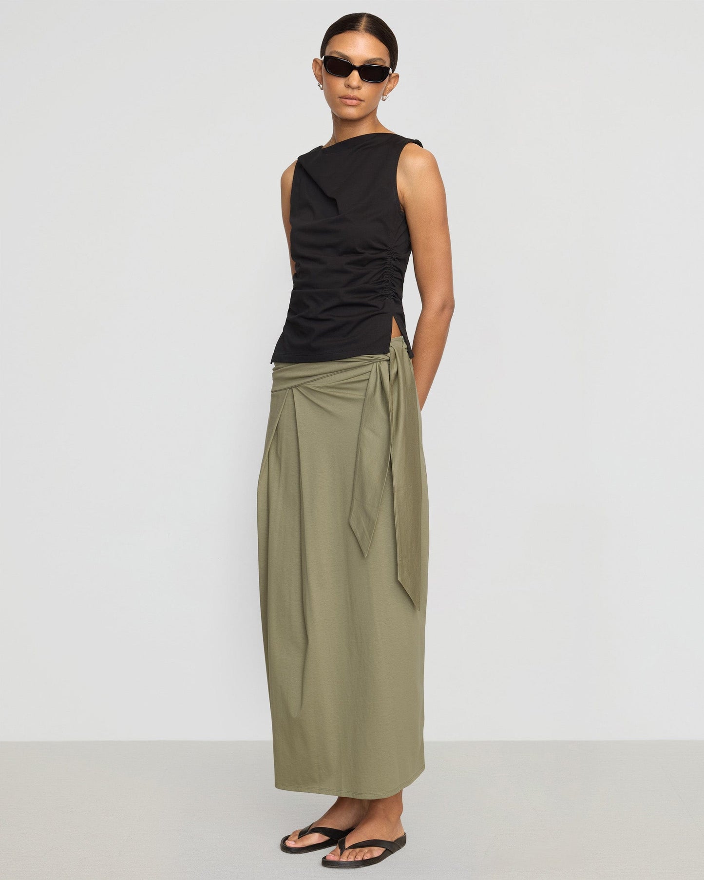 Josie Shirred-Side Cowl-Neck Tee