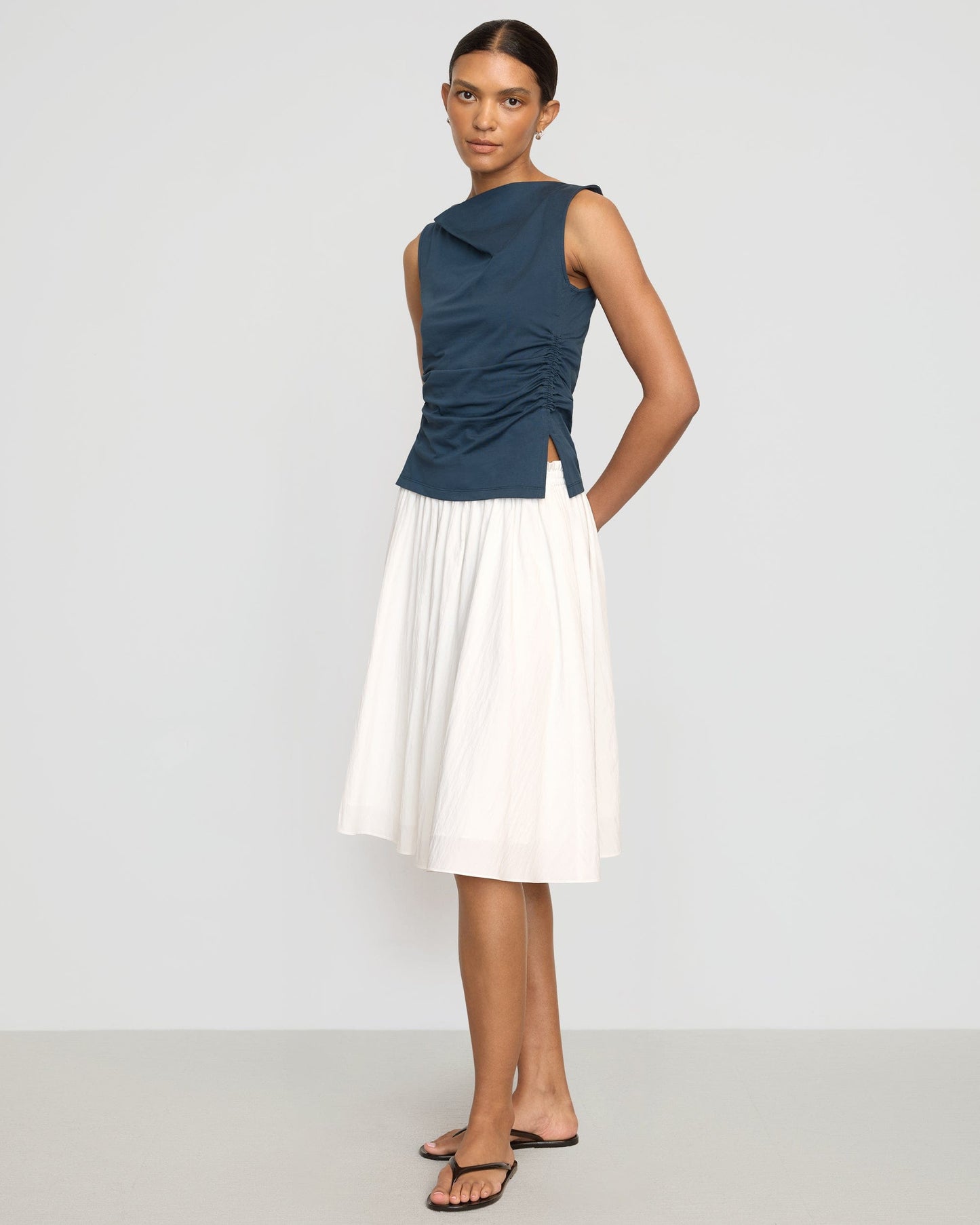 Josie Shirred-Side Cowl-Neck Tee