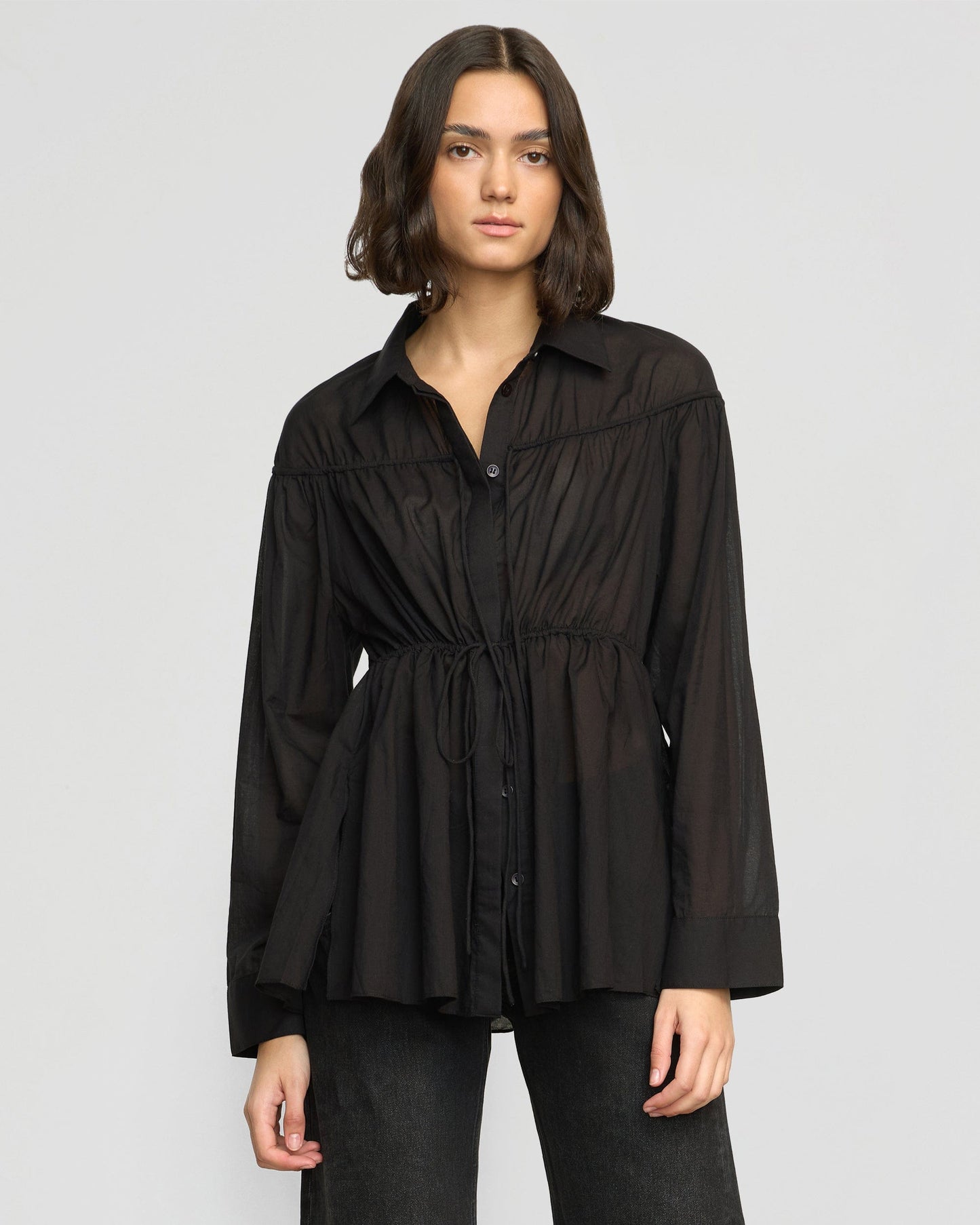Kia Tie-Front Cotton-Silk Tunic Blouse