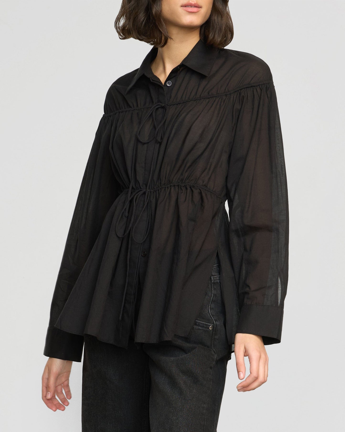 Kia Tie-Front Cotton-Silk Tunic Blouse