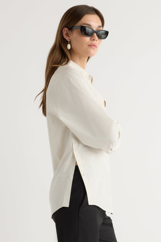 Phoebe Side-Button Tulip-Hem Shirt