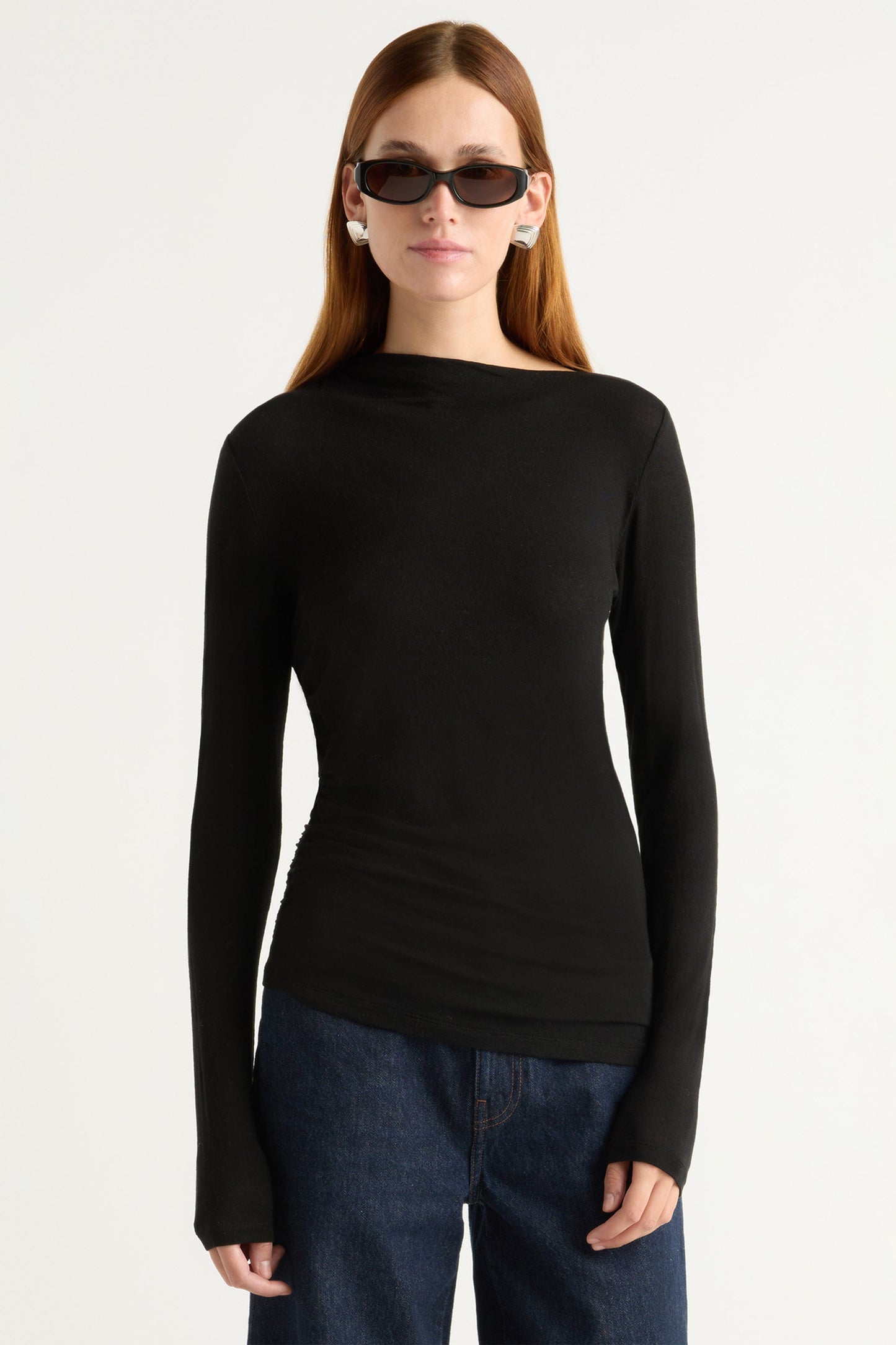 Vittoria Asymmetric-Neck Semi-Sheer Ruched Tee