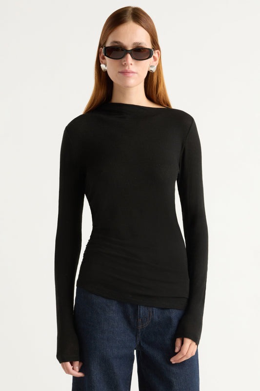 Vittoria Asymmetric-Neck Semi-Sheer Ruched Tee