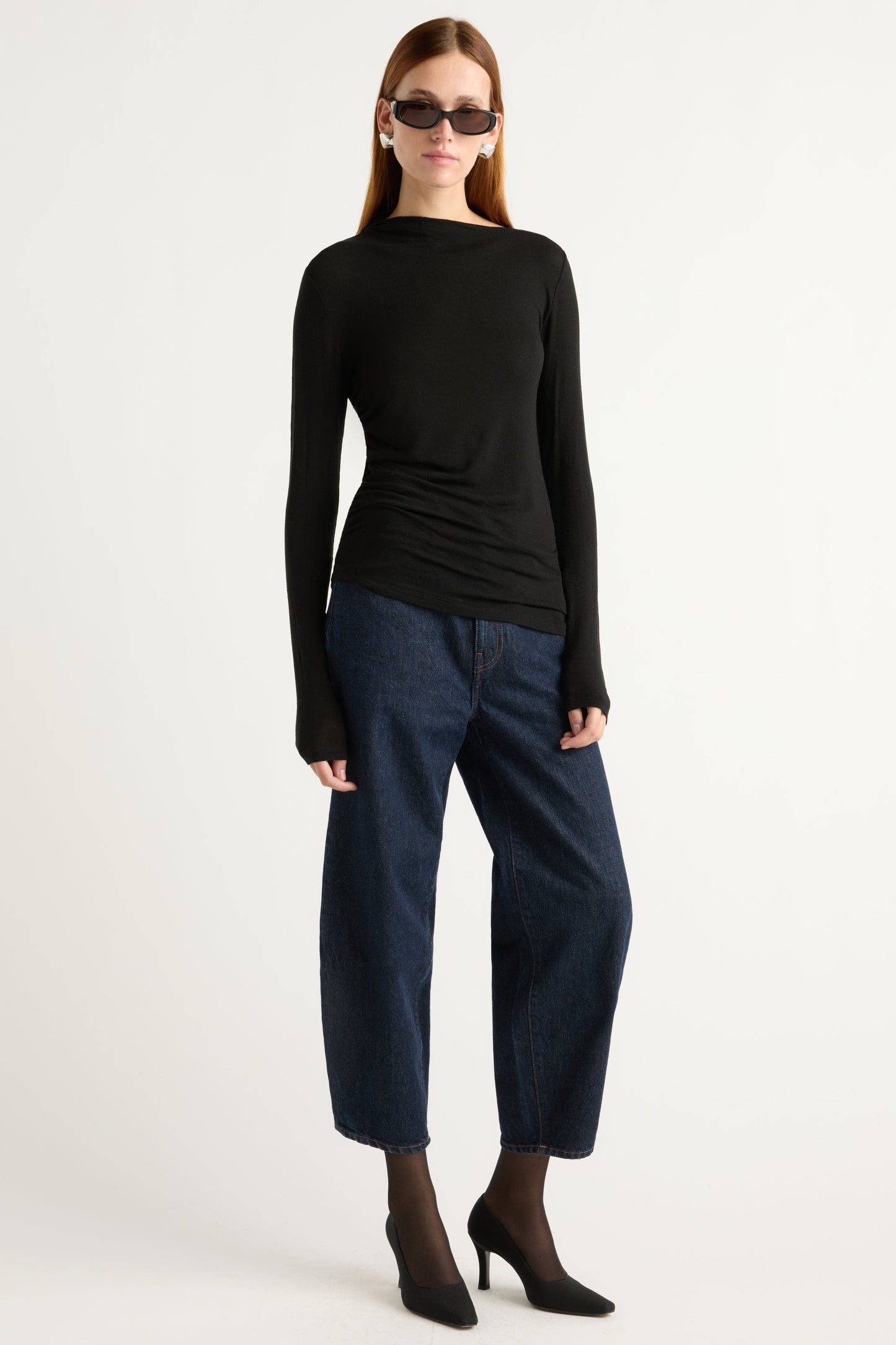Vittoria Asymmetric-Neck Semi-Sheer Ruched Tee