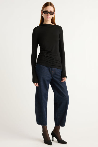 Vittoria Asymmetric-Neck Semi-Sheer Ruched Tee