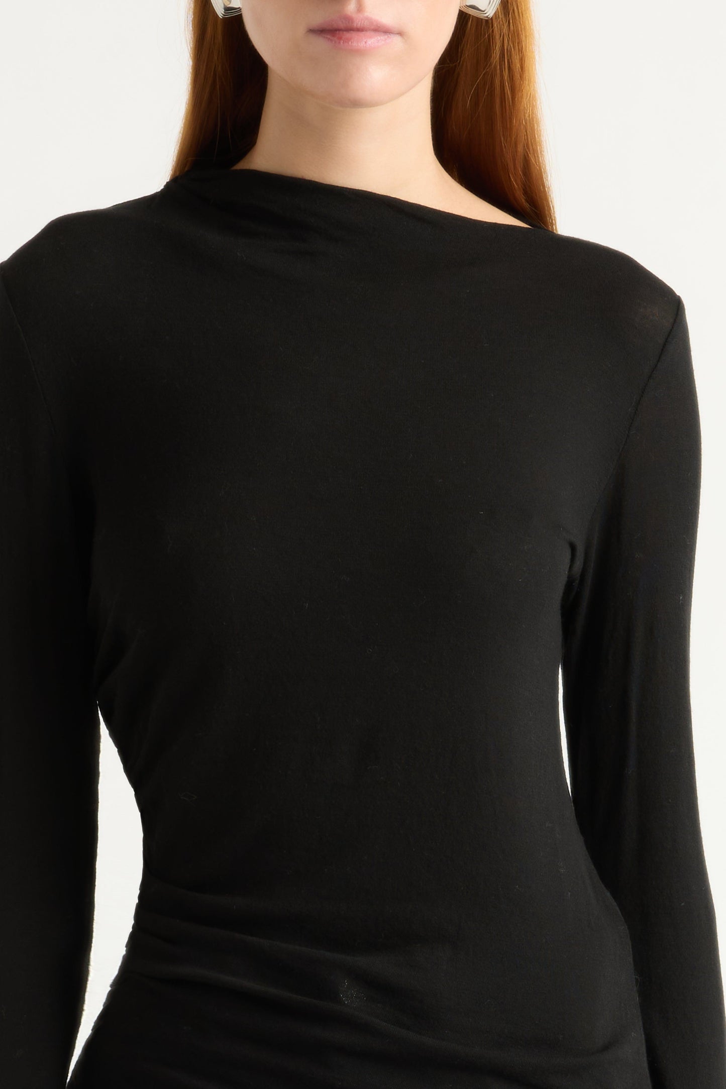 Vittoria Asymmetric-Neck Semi-Sheer Ruched Tee