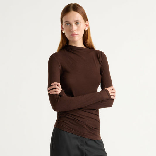 Vittoria Asymmetric-Neck Semi-Sheer Ruched Tee