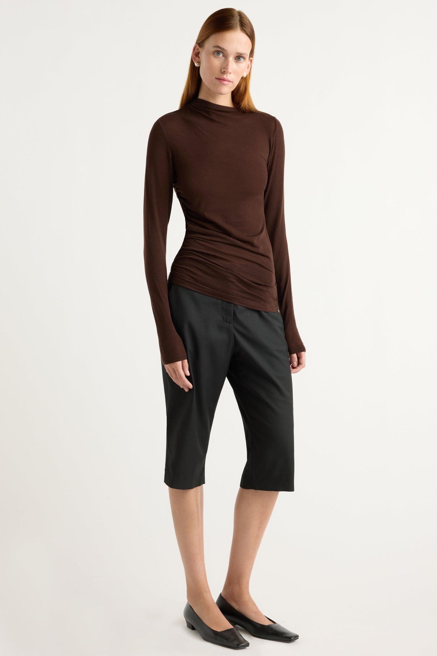 Vittoria Asymmetric-Neck Semi-Sheer Ruched Tee
