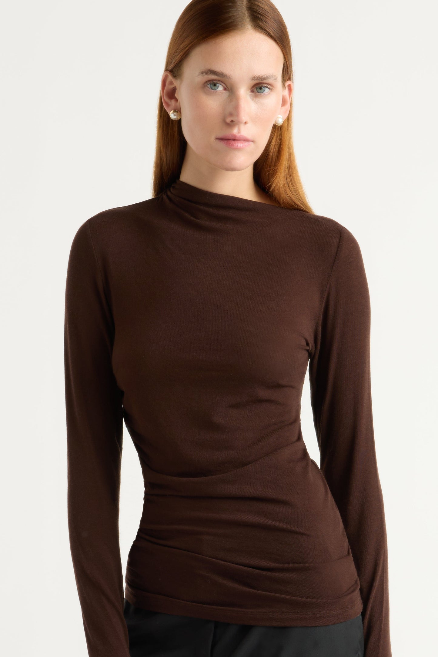 Vittoria Asymmetric-Neck Semi-Sheer Ruched Tee