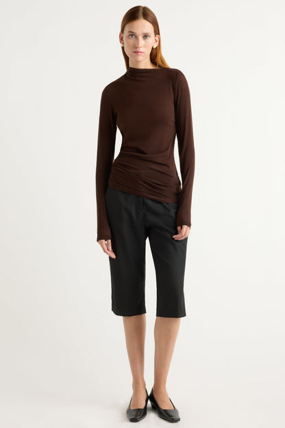 Vittoria Asymmetric-Neck Semi-Sheer Ruched Tee